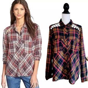 FREE PEOPLE Top, Multicolor Plaid Bohemian Western Casual Polyester Snaps, M